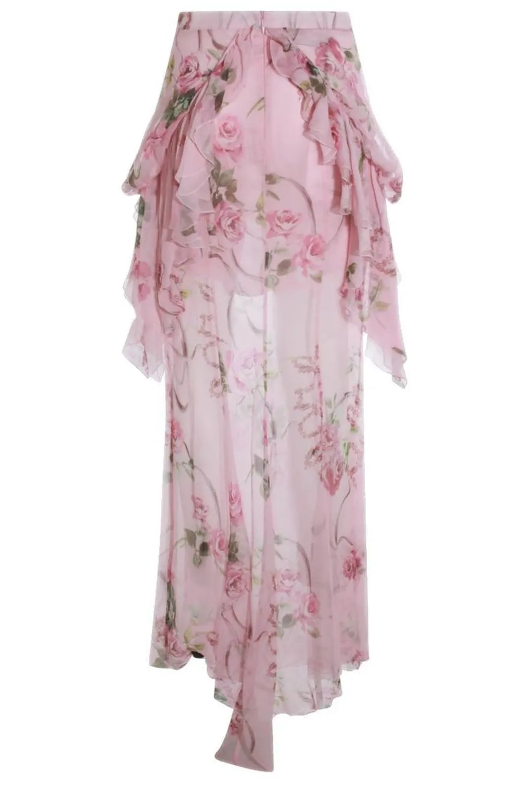 Floral-Printed Ruffled Satin Long Skirt