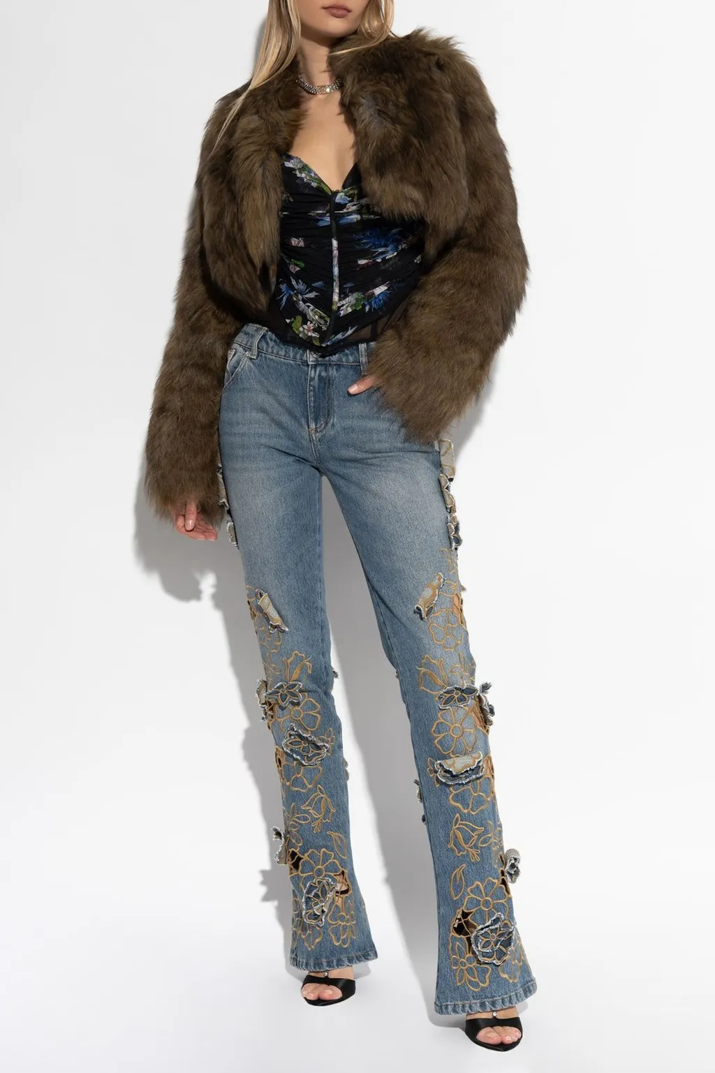 Floral Appliqué Flared Jeans