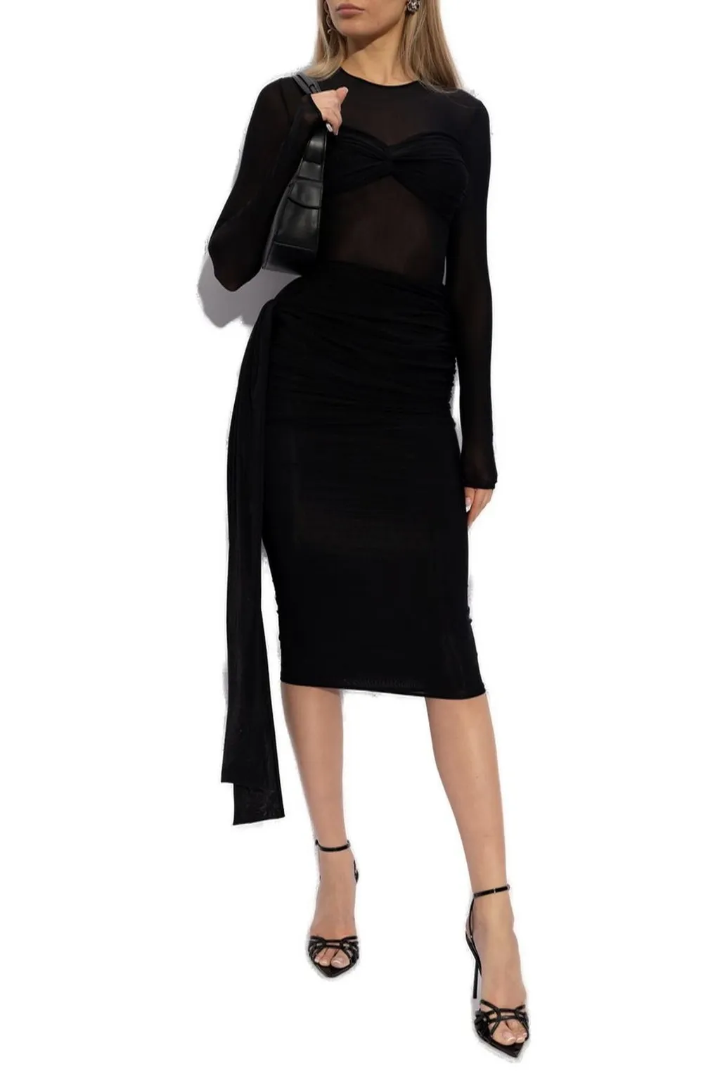Semi-Sheer Draped-Detail Midi Dress