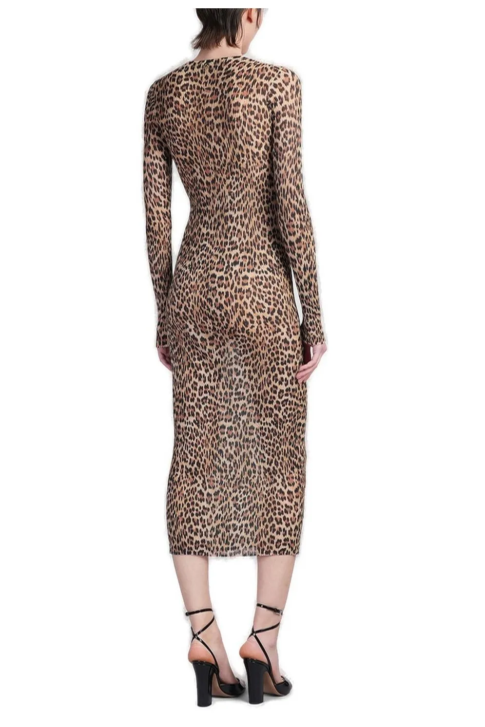 Leopard-Printed Crewneck Knitted Midi Dress