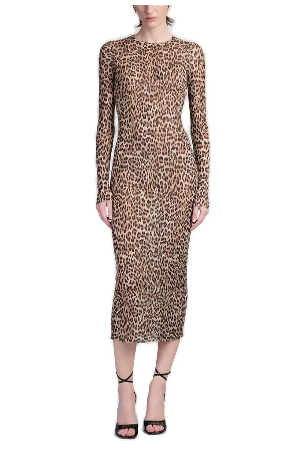 Leopard-Printed Crewneck Knitted Midi Dress
