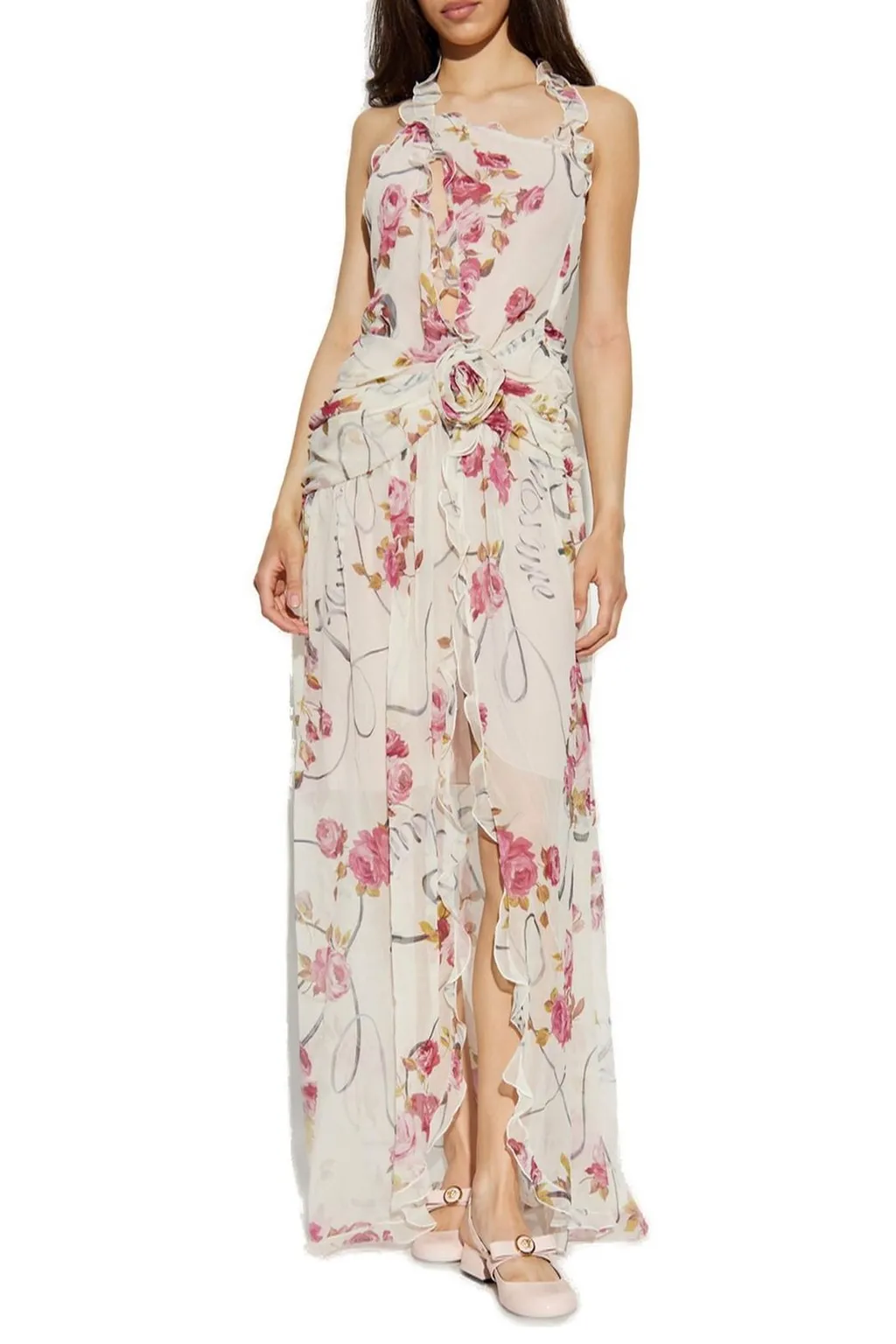 Ruffled Rose Decorated One-Shoulder Dress