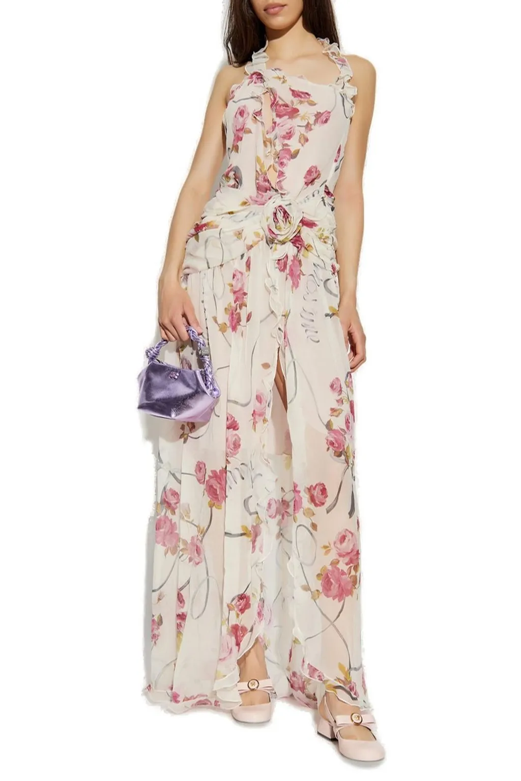 Ruffled Rose Decorated One-Shoulder Dress