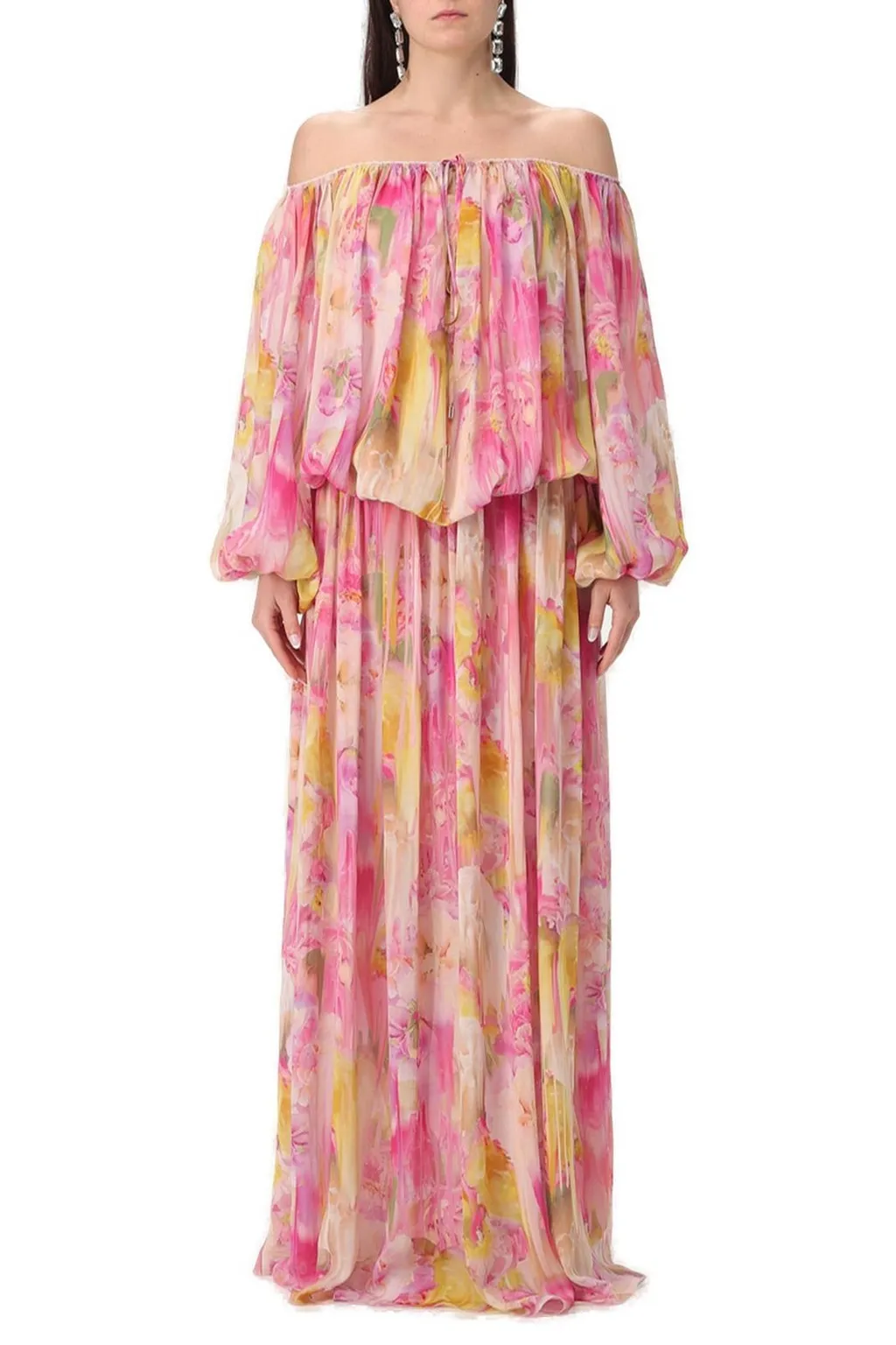 Floral-Printed Off-Shoulder Georgette Maxi Dress