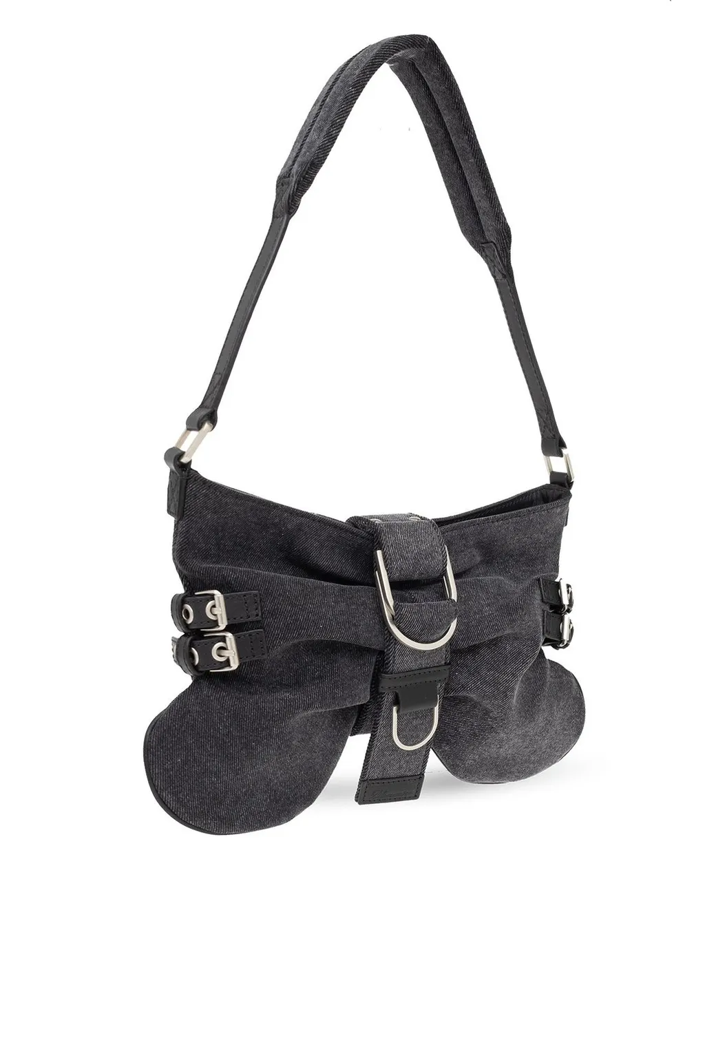 Large Butterfly Buckle-Detailed Denim Shoulder Bag
