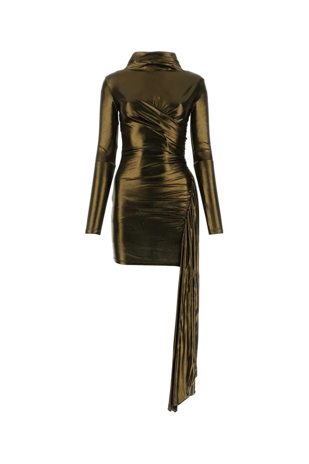 Draped Metallic Long-Sleeved Asymmetric Dress