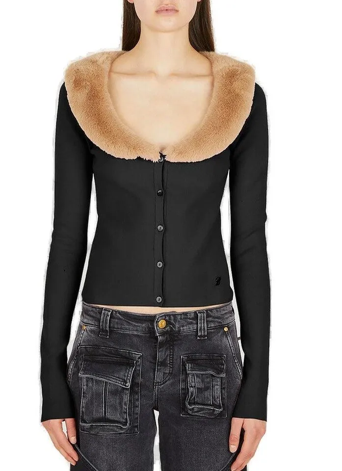 Faux Fur Collared Button-Up Cardigan