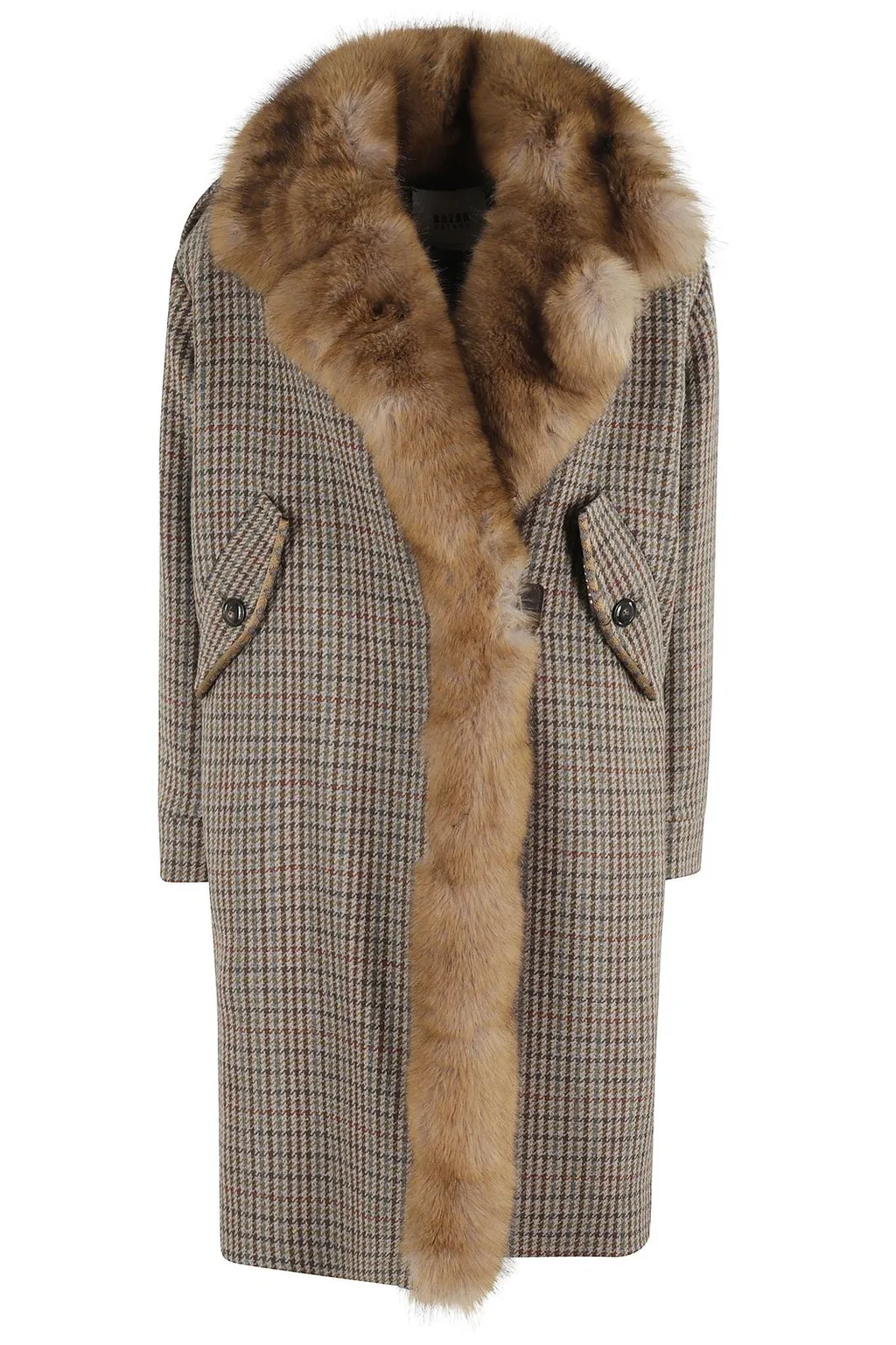 Houndstooth Fur-Trimmed Coat