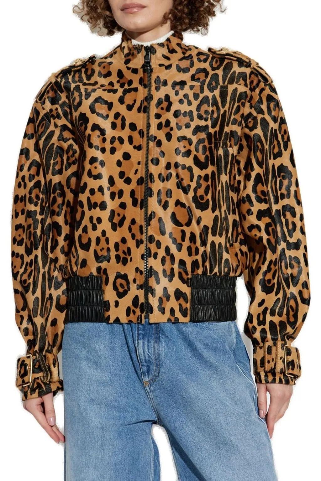 Leopard Patterned Ponyskin-Style Leather Bomber Jacket