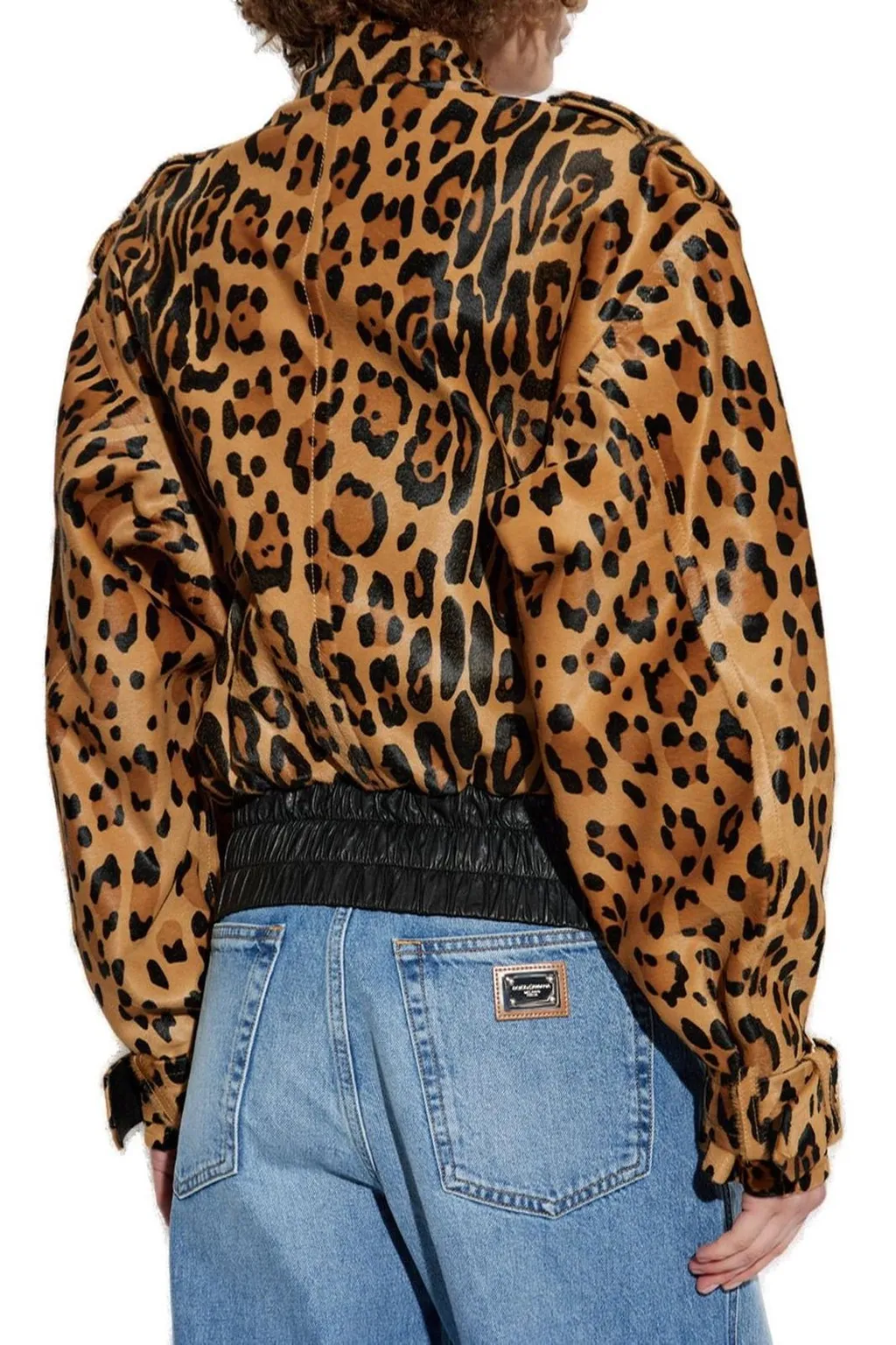 Leopard Patterned Ponyskin-Style Leather Bomber Jacket