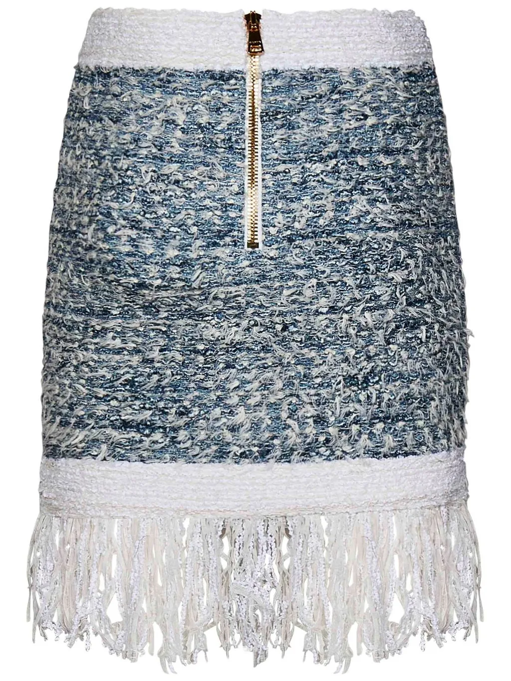 Buttoned Denim Fringed Tweed Mini Skirt