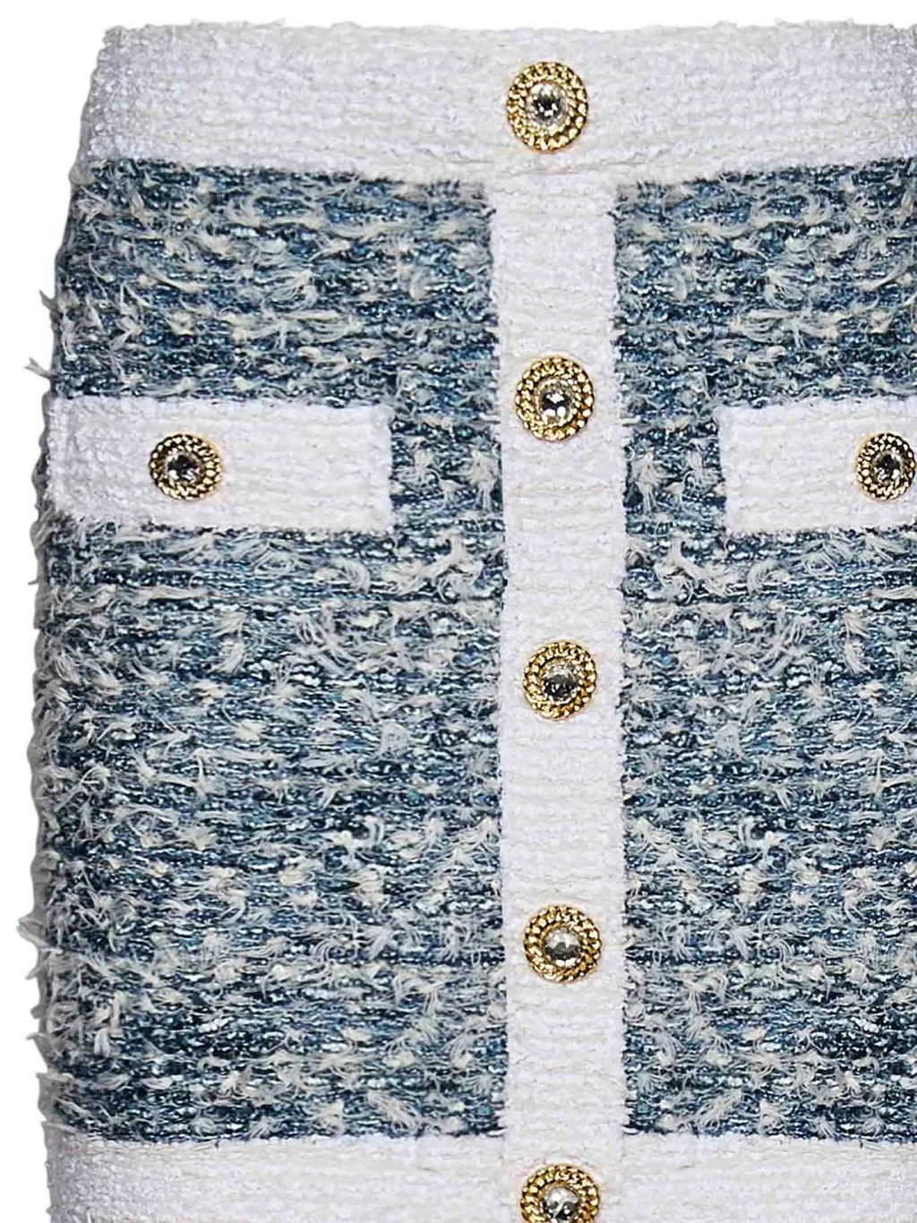 Buttoned Denim Fringed Tweed Mini Skirt