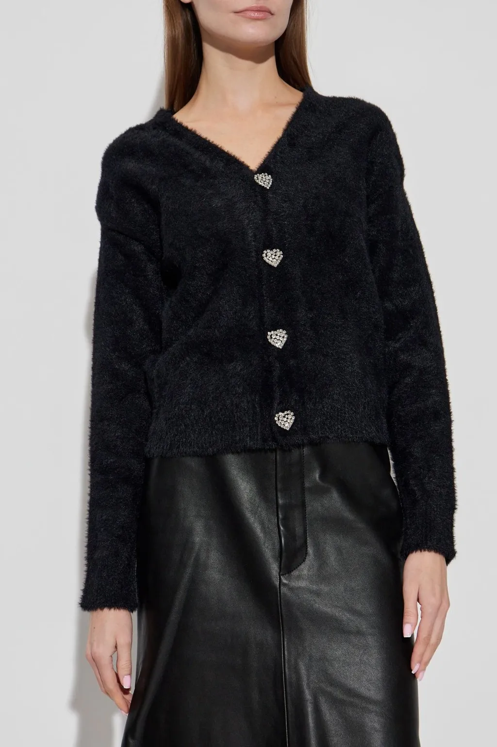 Heart Crystal-Button Fluffy Cardigan