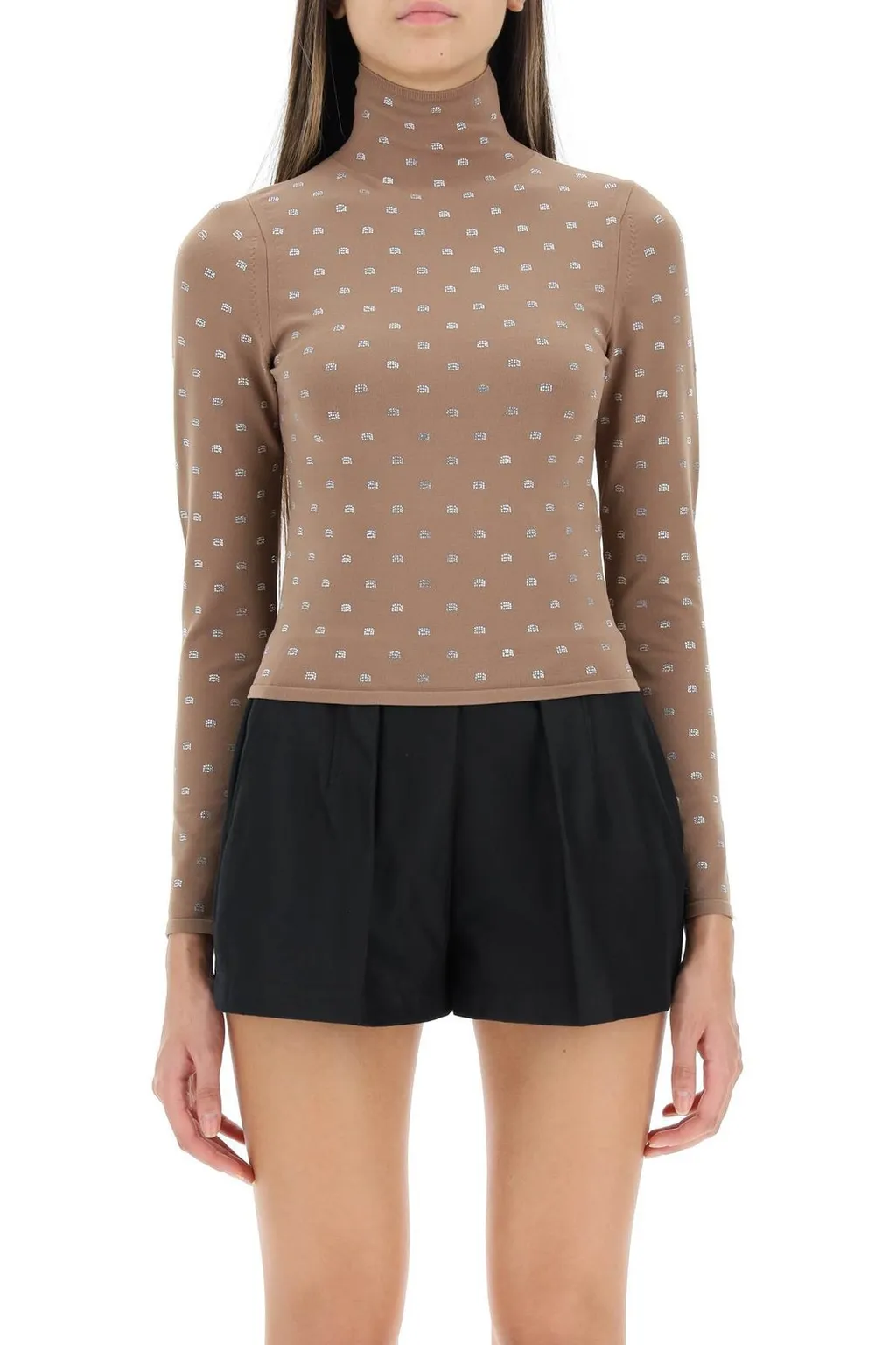 Allover Logo Embellished Turtleneck Top