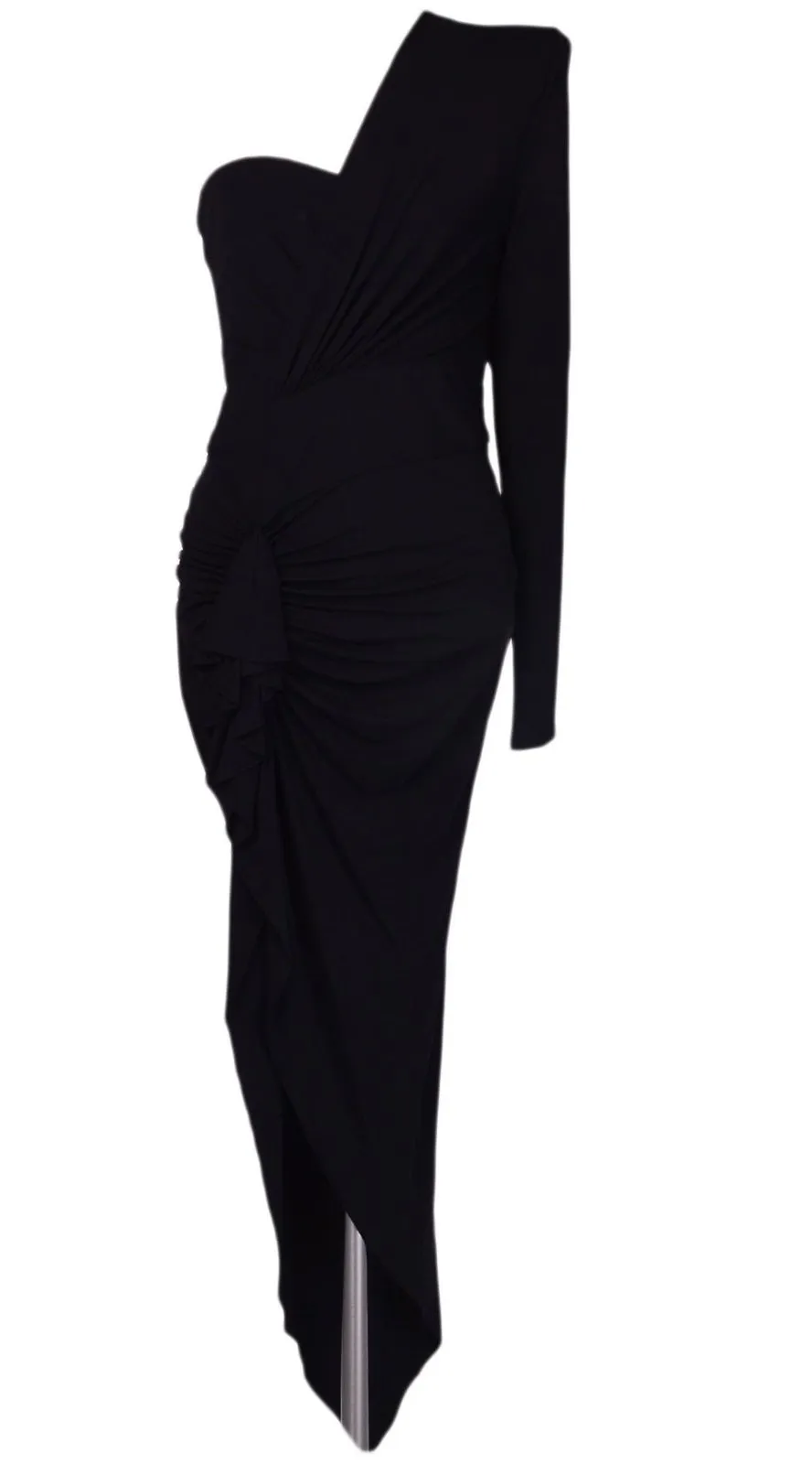 One-Shoulder Gathered Asymmetric Midi Dress