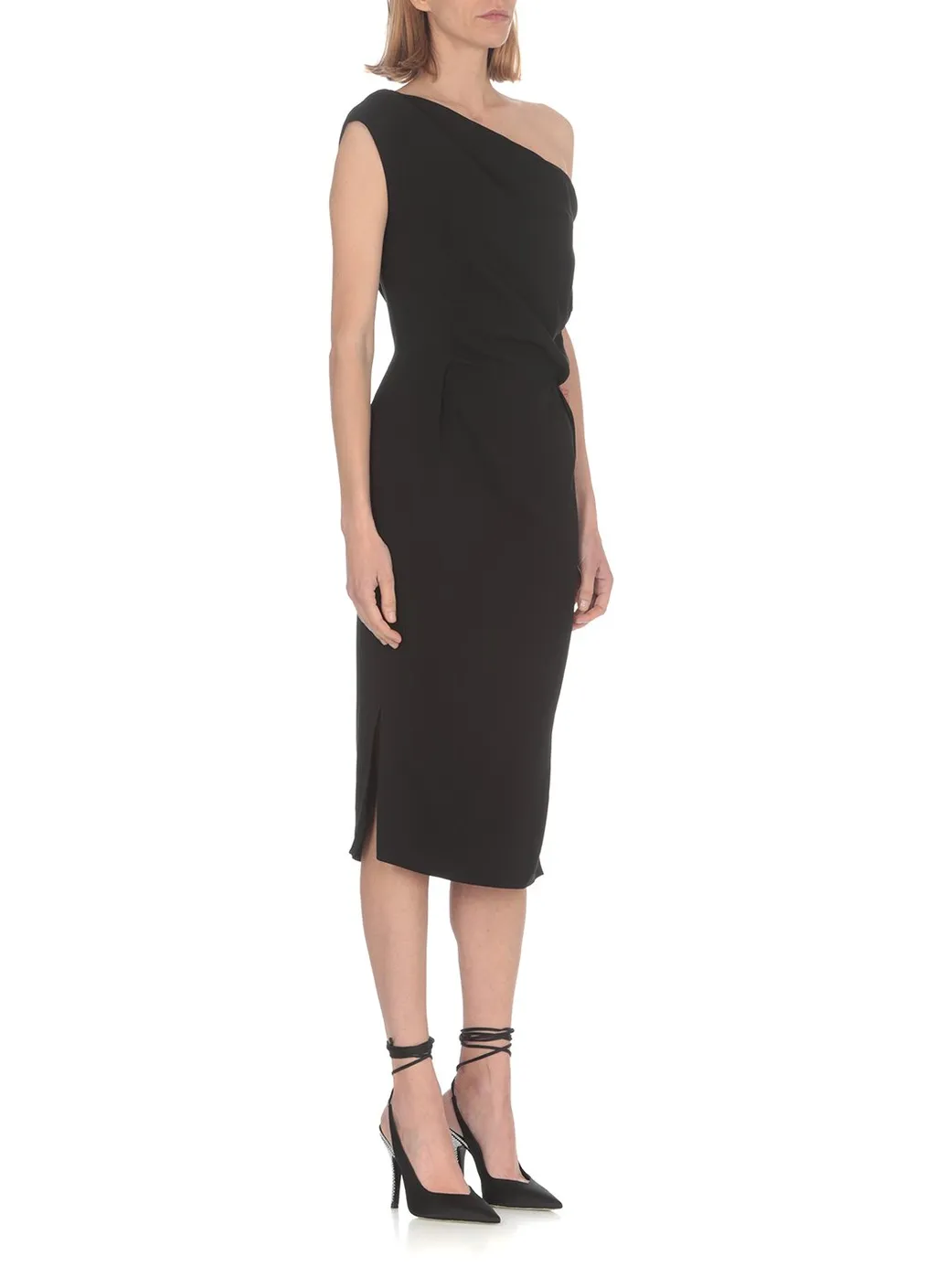 One-Shoulder Draped Gathered Midi Dress