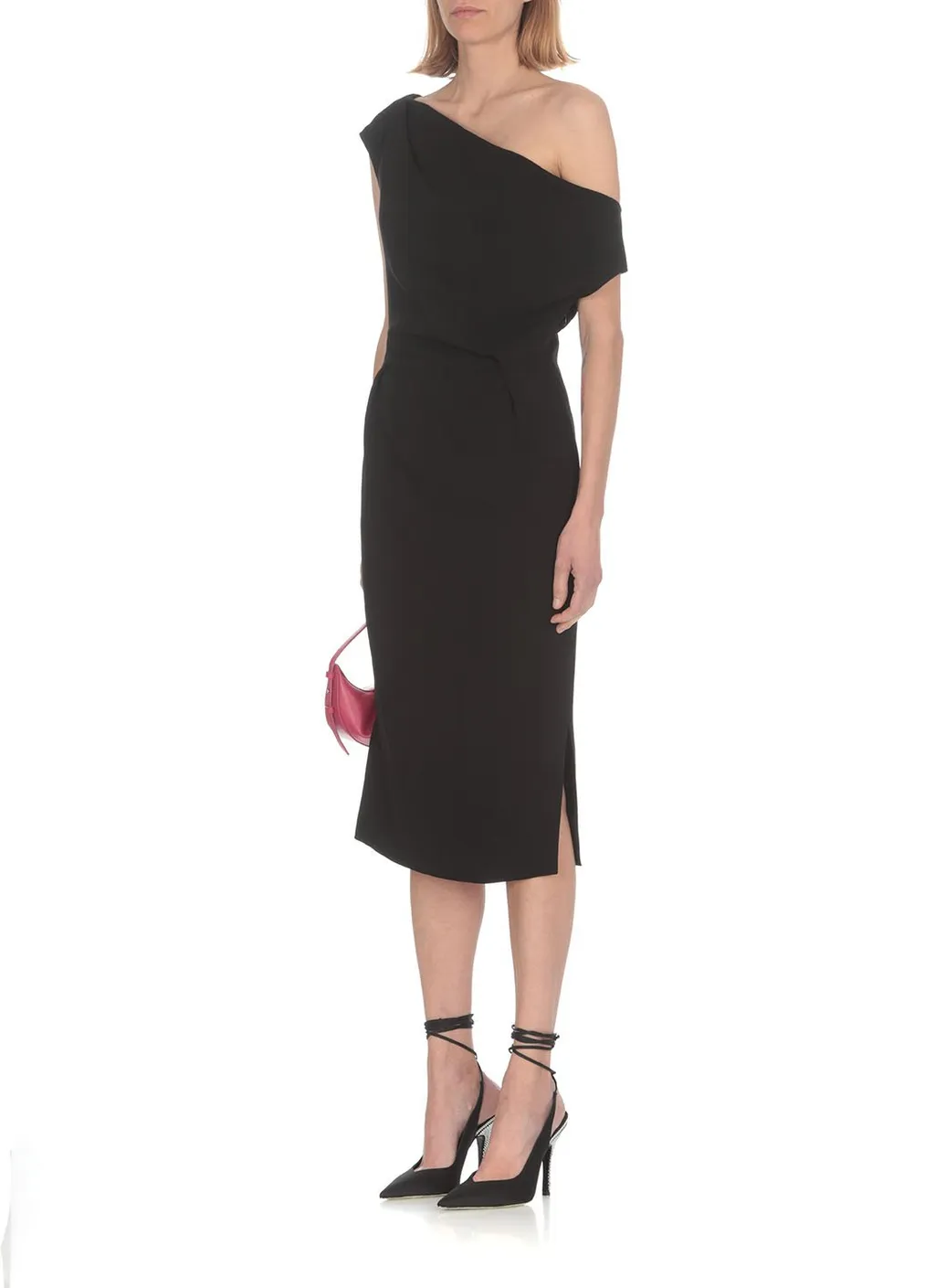 One-Shoulder Draped Gathered Midi Dress