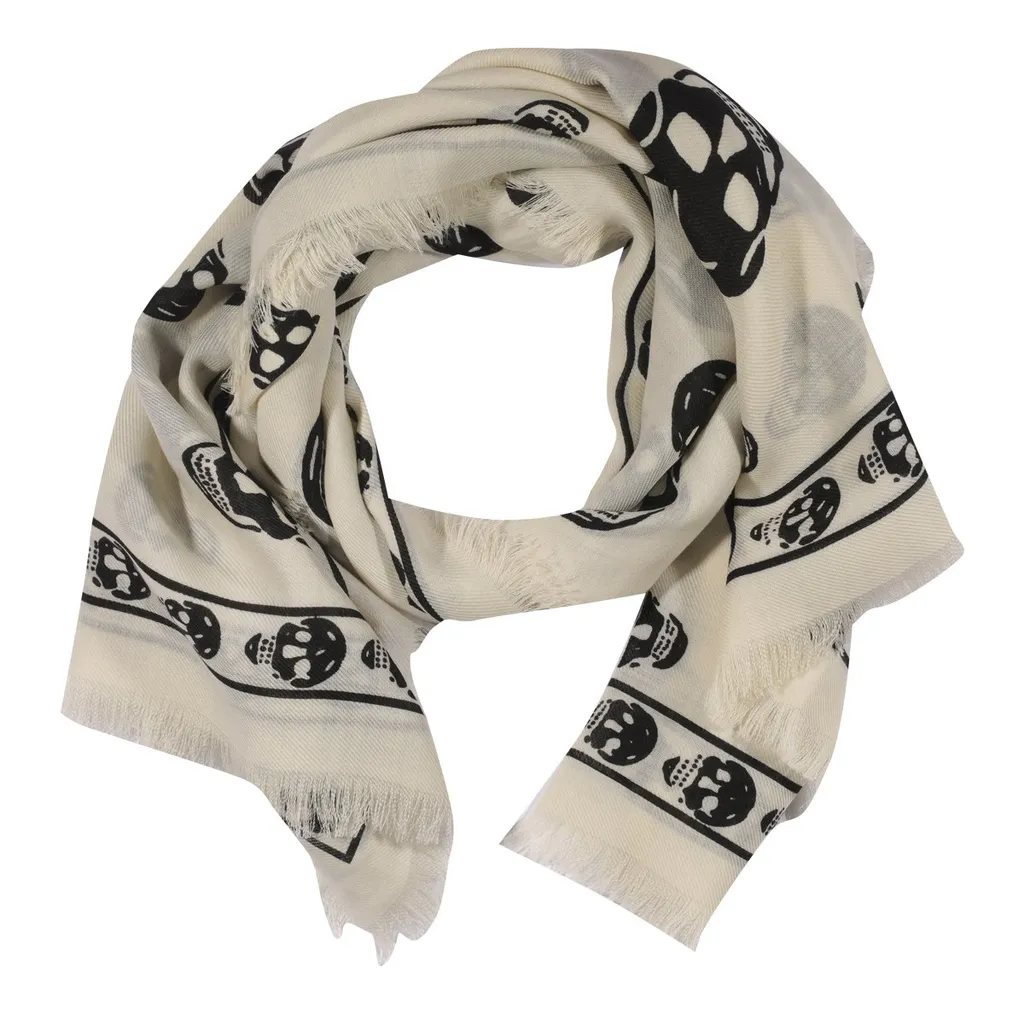 Skull-Printed Fringed Scarf