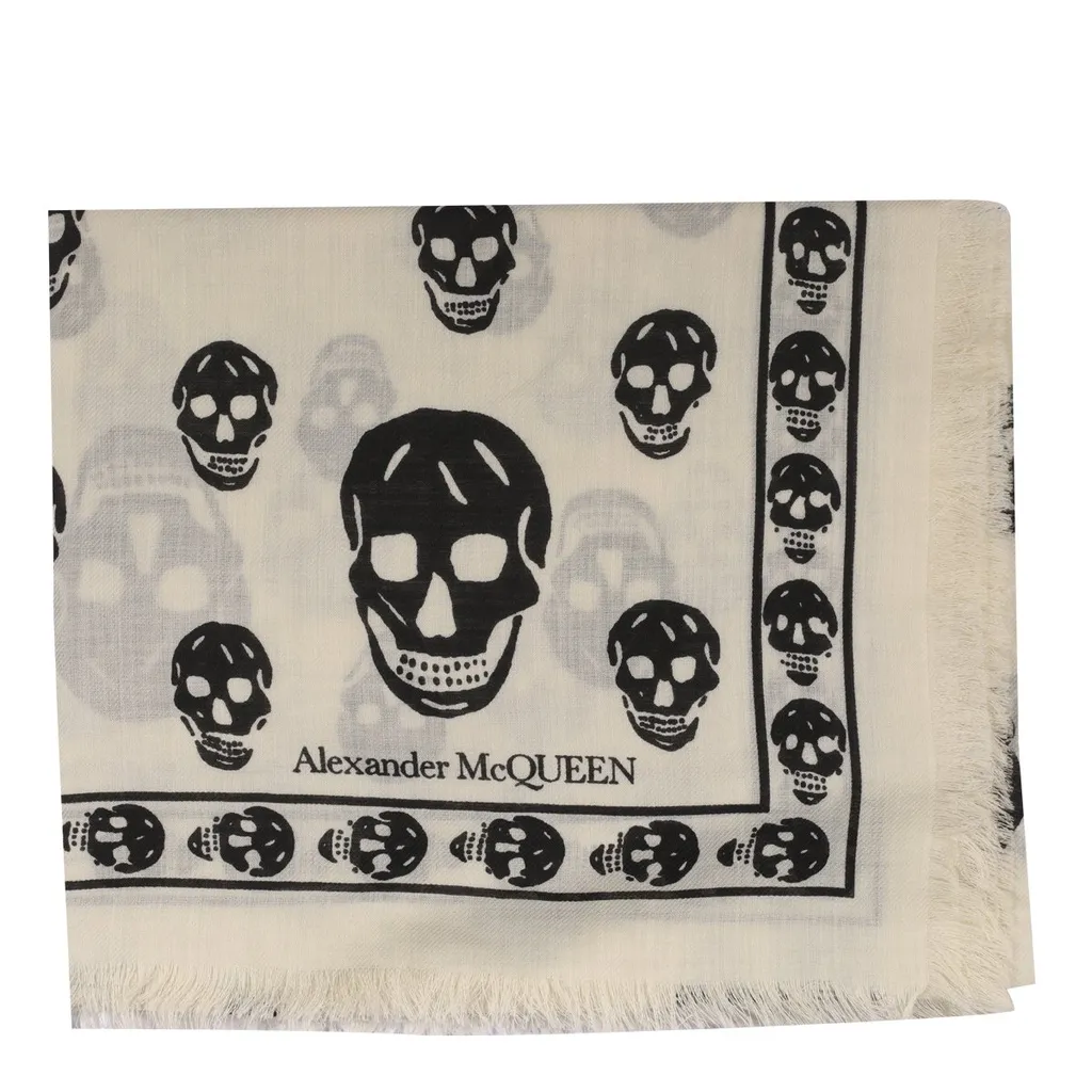 Skull-Printed Fringed Scarf