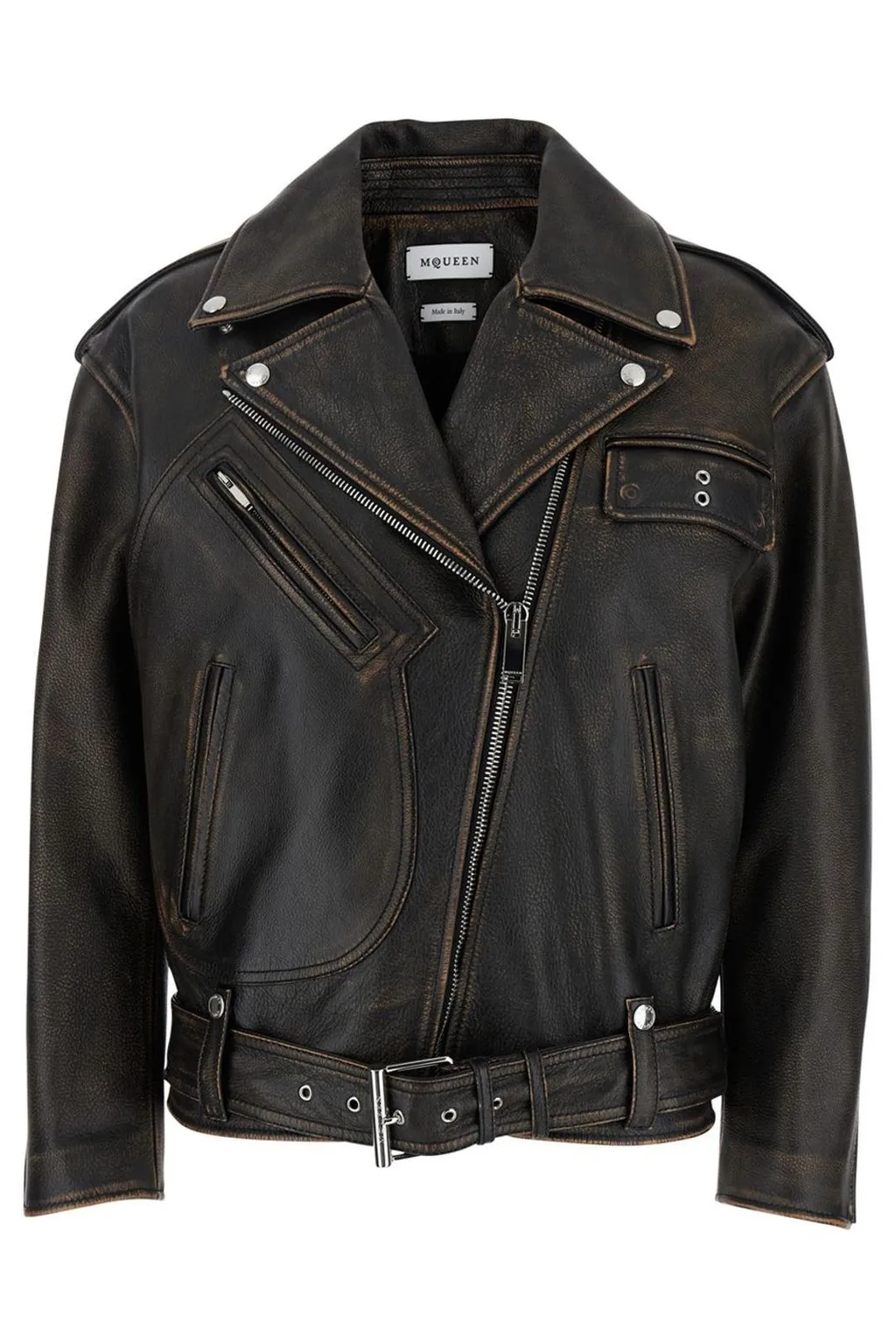 Oversized Distressed Leather Biker Jacket