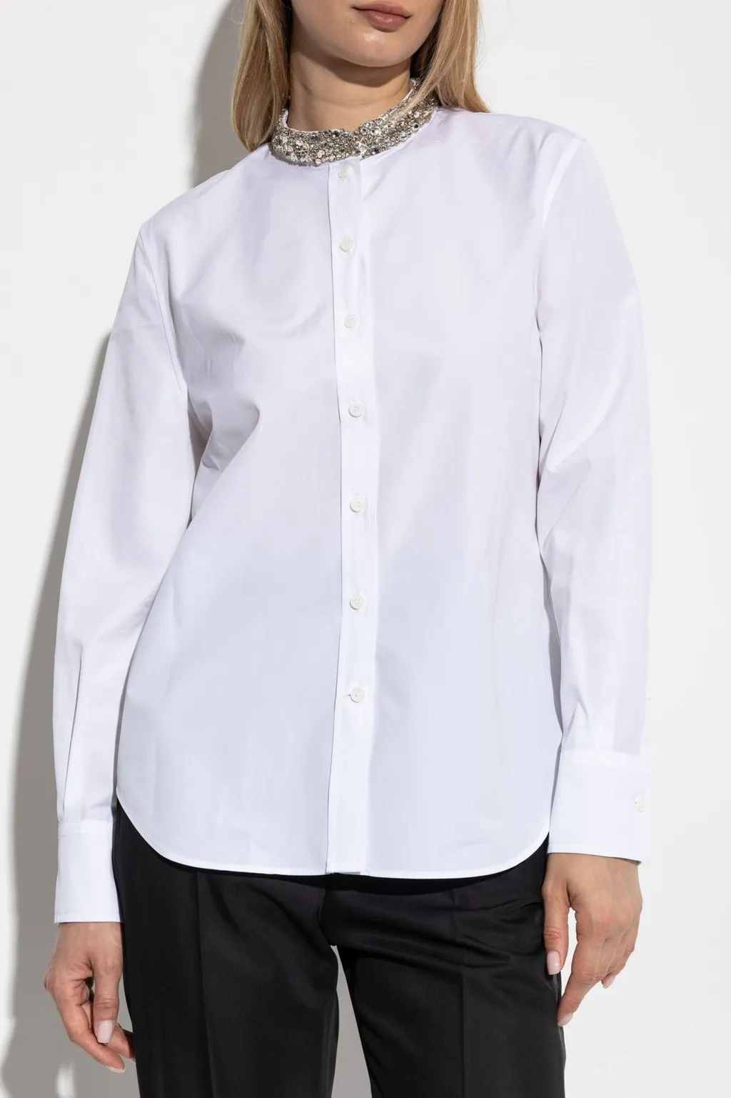 Long Sleeved Embellished-Neck Shirt