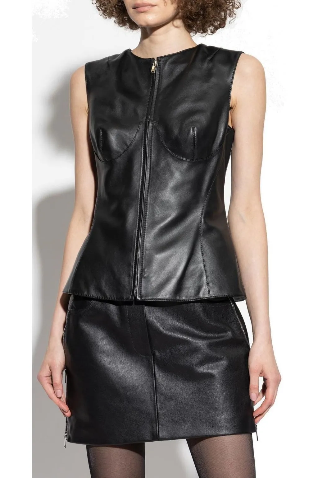 Zipped Crewneck Leather Vest
