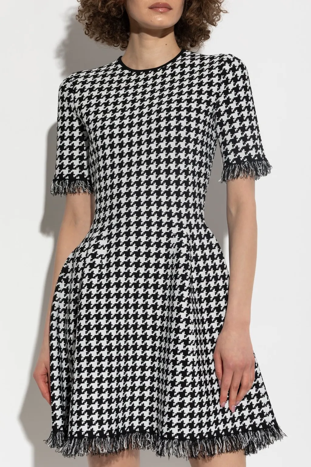 Houndstooth Frayed-Edge Mini Dress