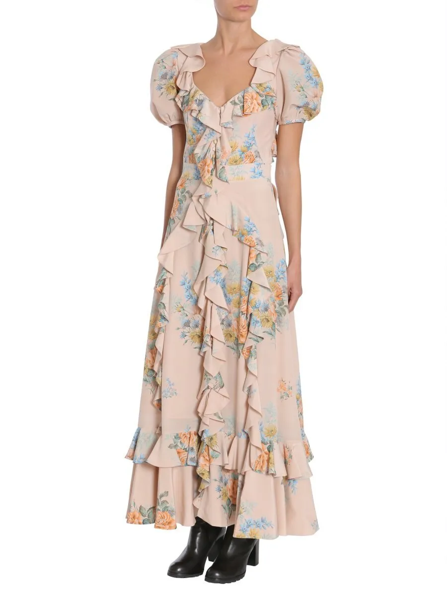 Floral Print Ruched Silk Dress
