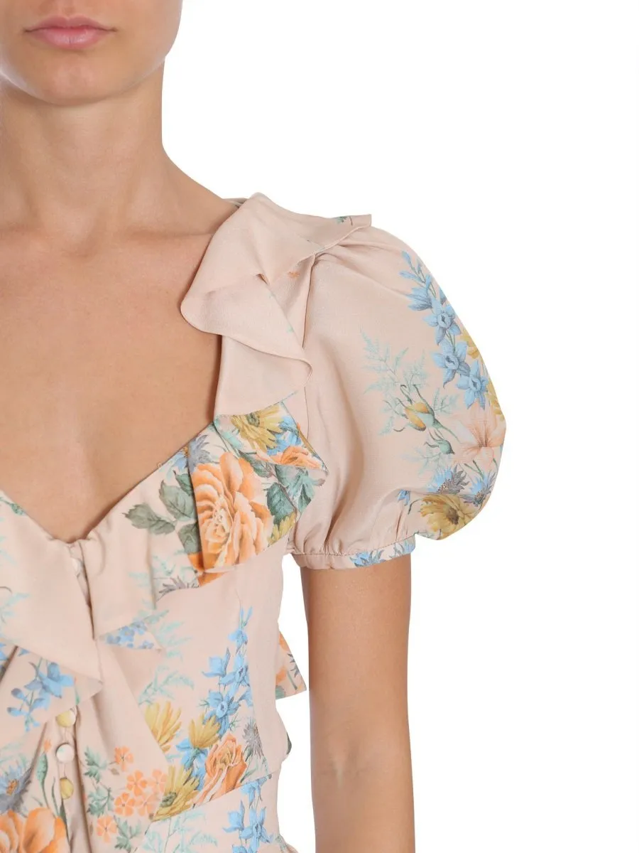 Floral Print Ruched Silk Dress