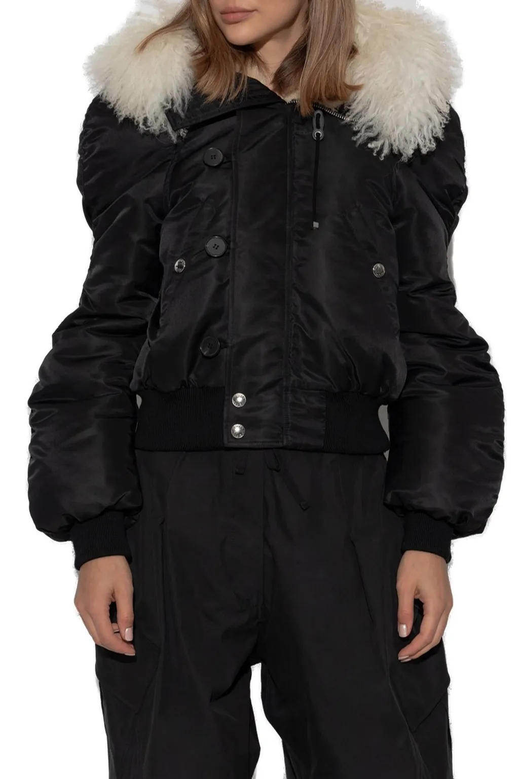 Shearling Trim Ruched Bomber Jacket