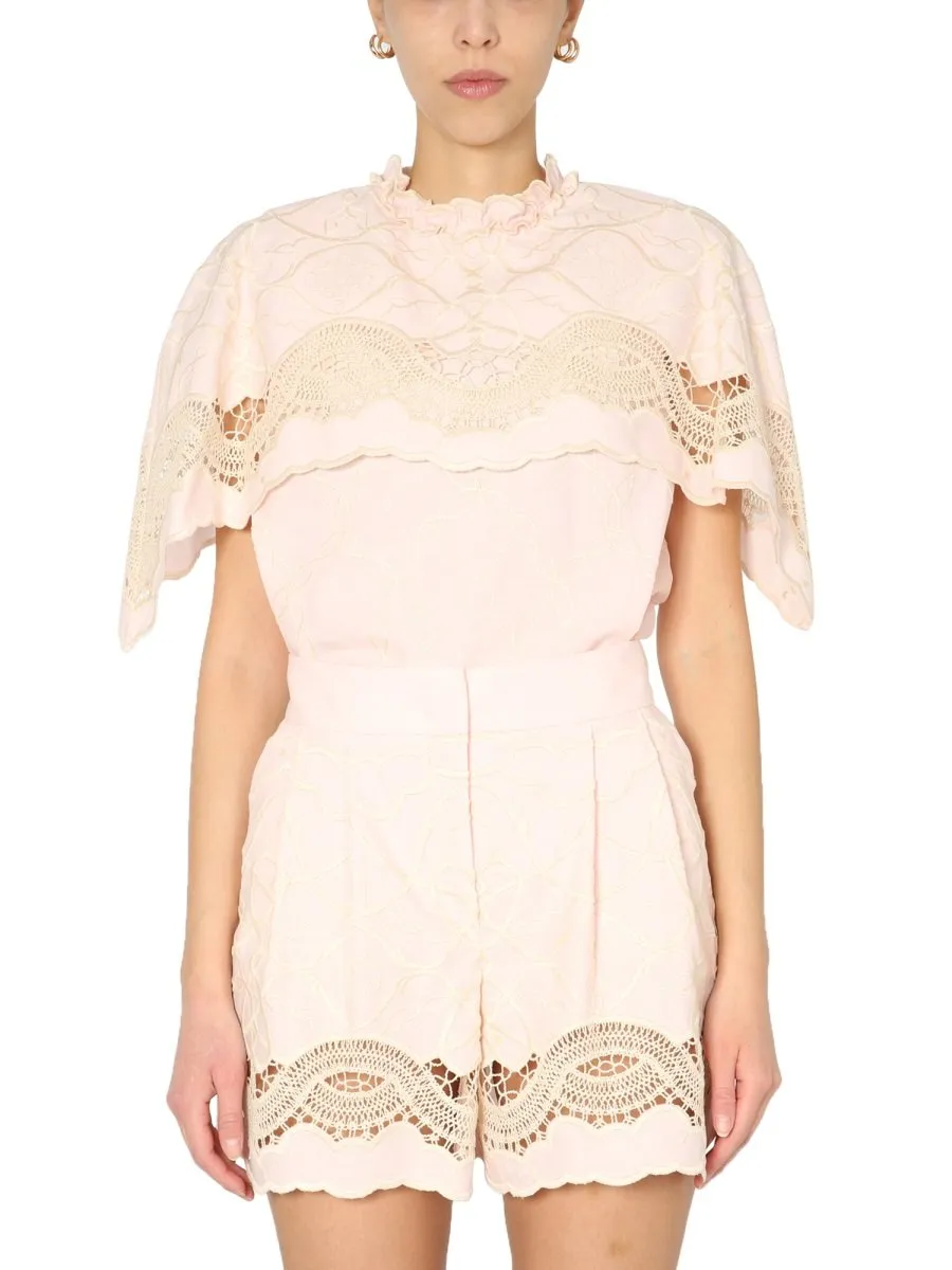 Embroidered Ruffle Collar Blouse