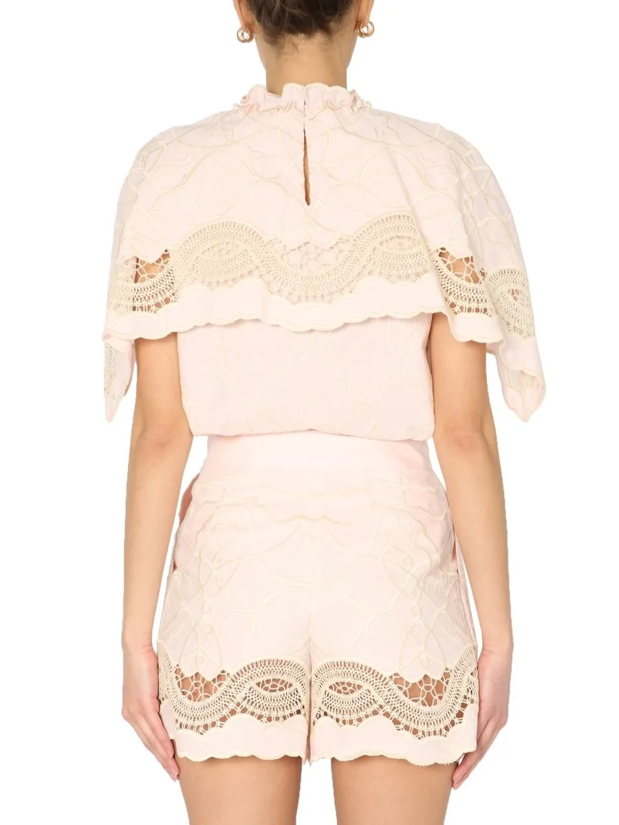 Embroidered Ruffle Collar Blouse