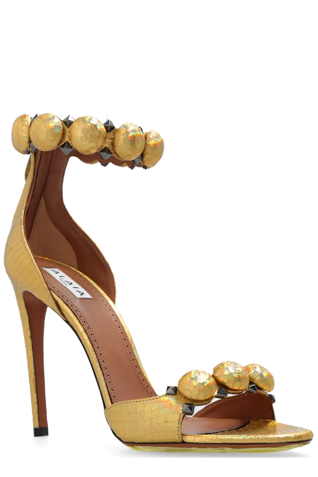 Embossed Ankle Strap Heeled Sandals