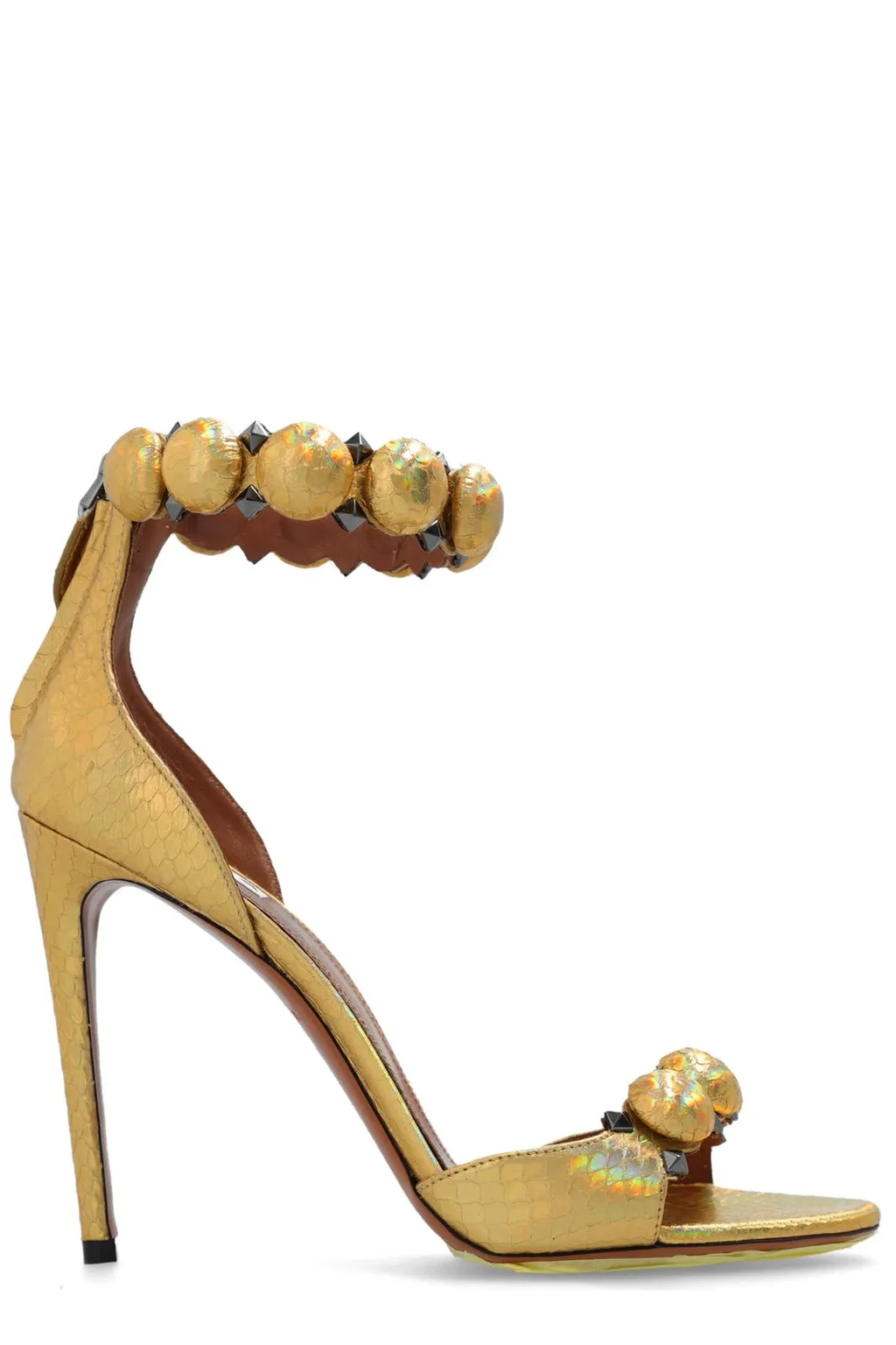 Embossed Ankle Strap Heeled Sandals