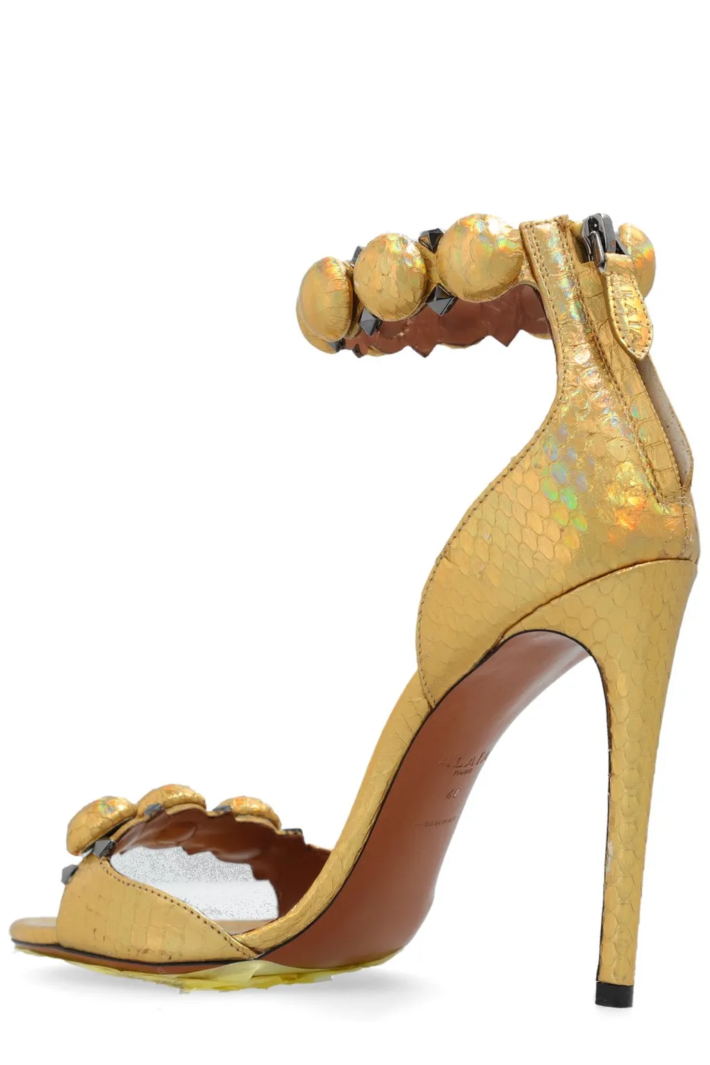 Embossed Ankle Strap Heeled Sandals