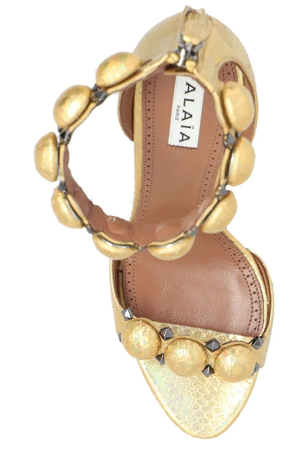Embossed Ankle Strap Heeled Sandals