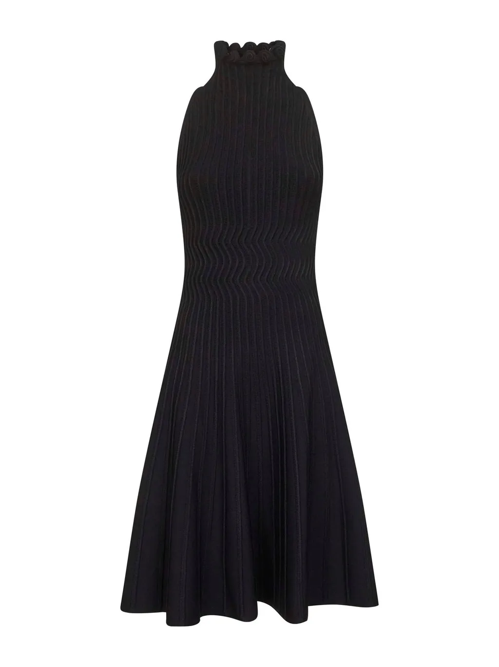 Ribbed Knit Curled High-Neck Dress