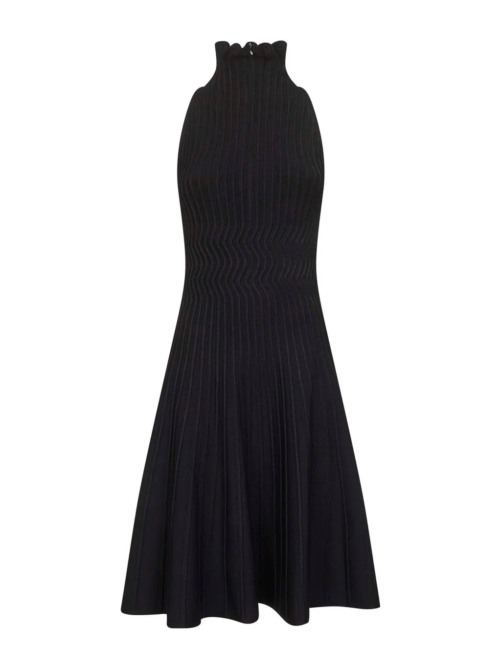 Ribbed Knit Curled High-Neck Dress