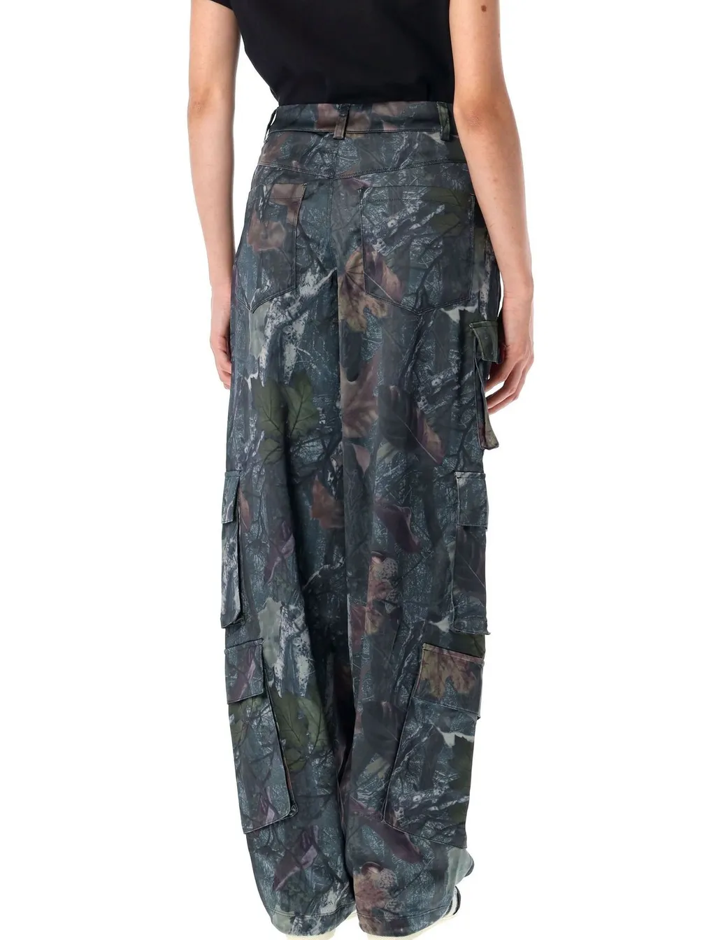 Leaf Camo Print Satin Cargo Pants