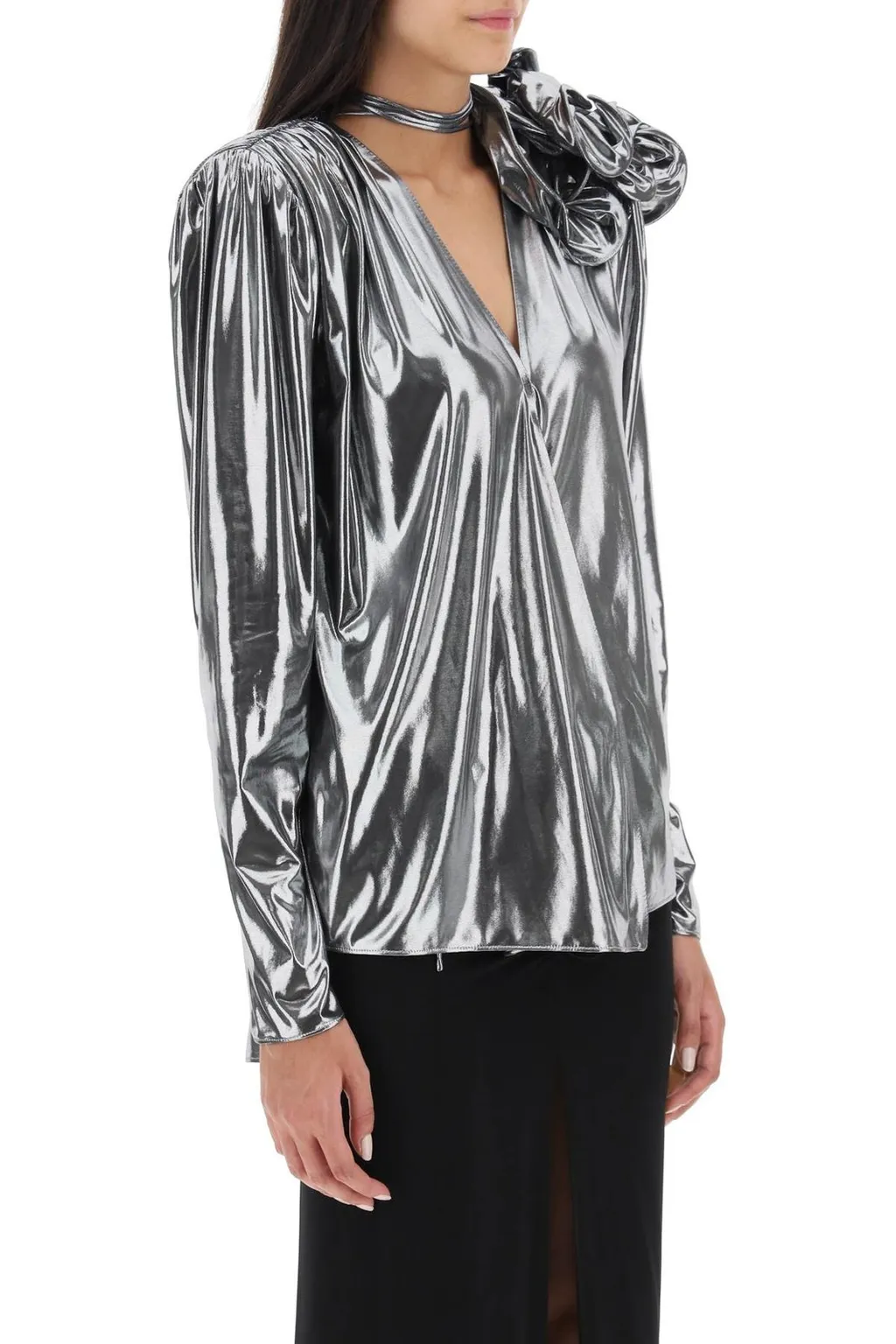 Rose Appliqué Long-Sleeved Blouse