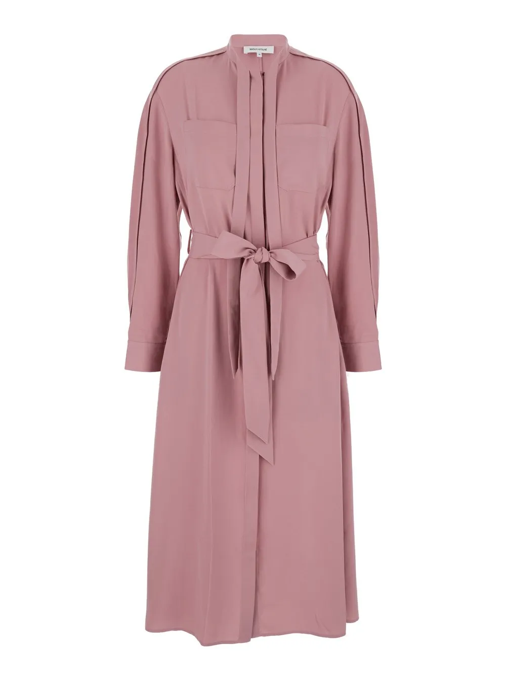 Tied-Neck Belted Midi Shirt Dress