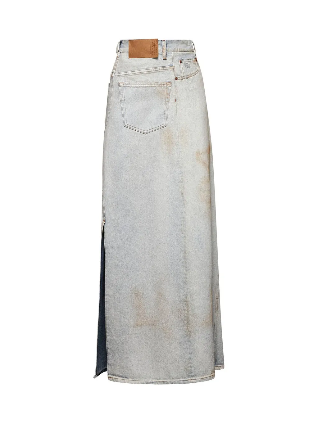 Logo-Patch Distressed Denim Midi Skirt