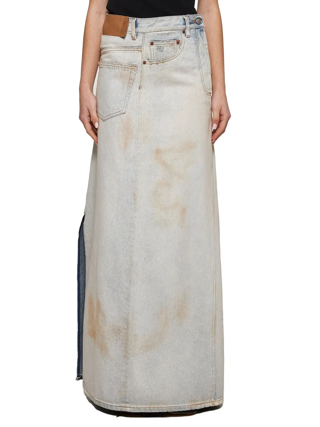 Logo-Patch Distressed Denim Midi Skirt