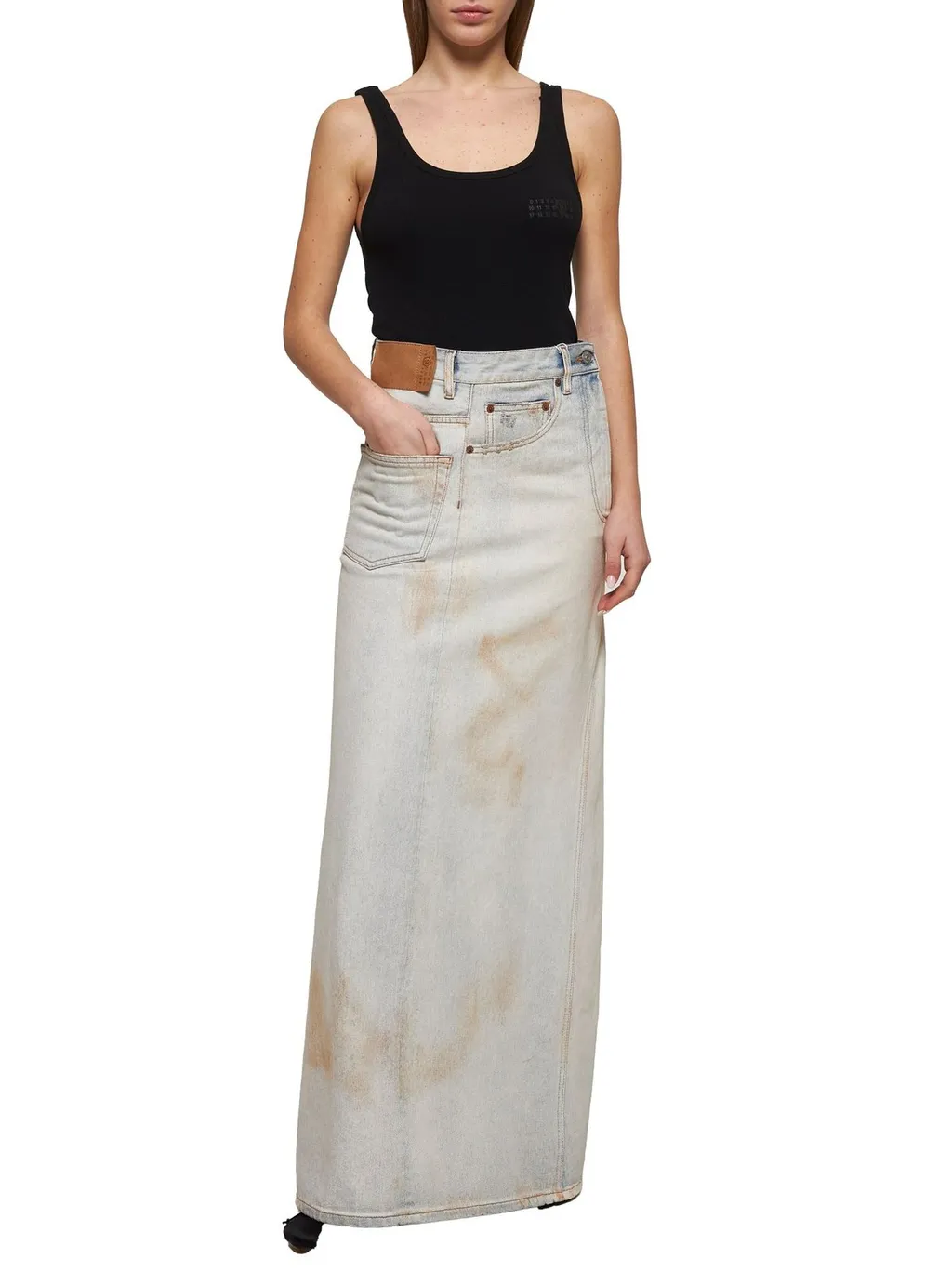 Logo-Patch Distressed Denim Midi Skirt