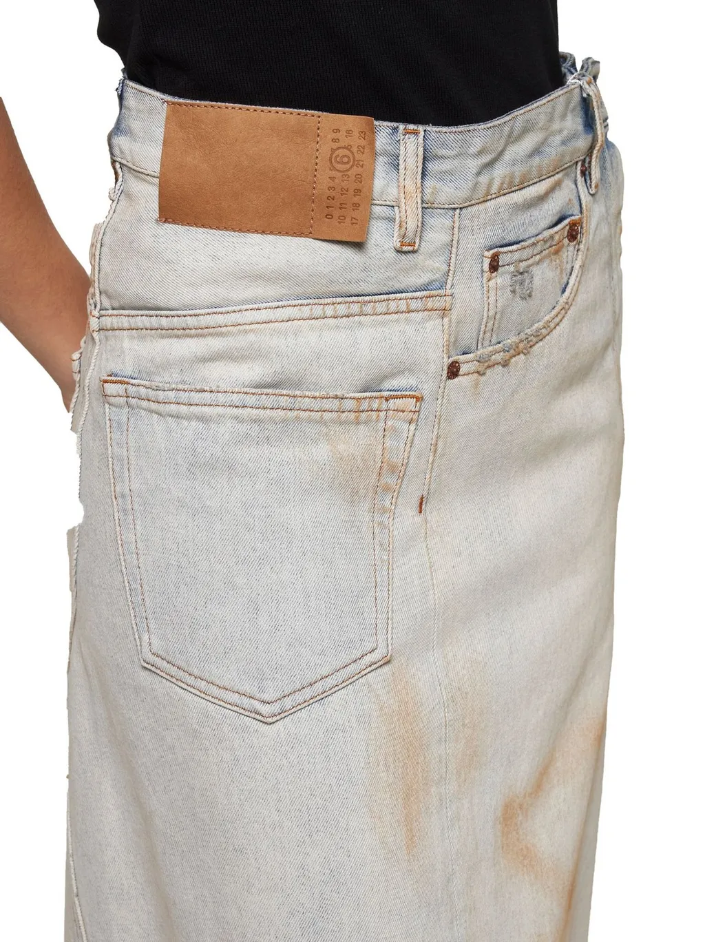 Logo-Patch Distressed Denim Midi Skirt