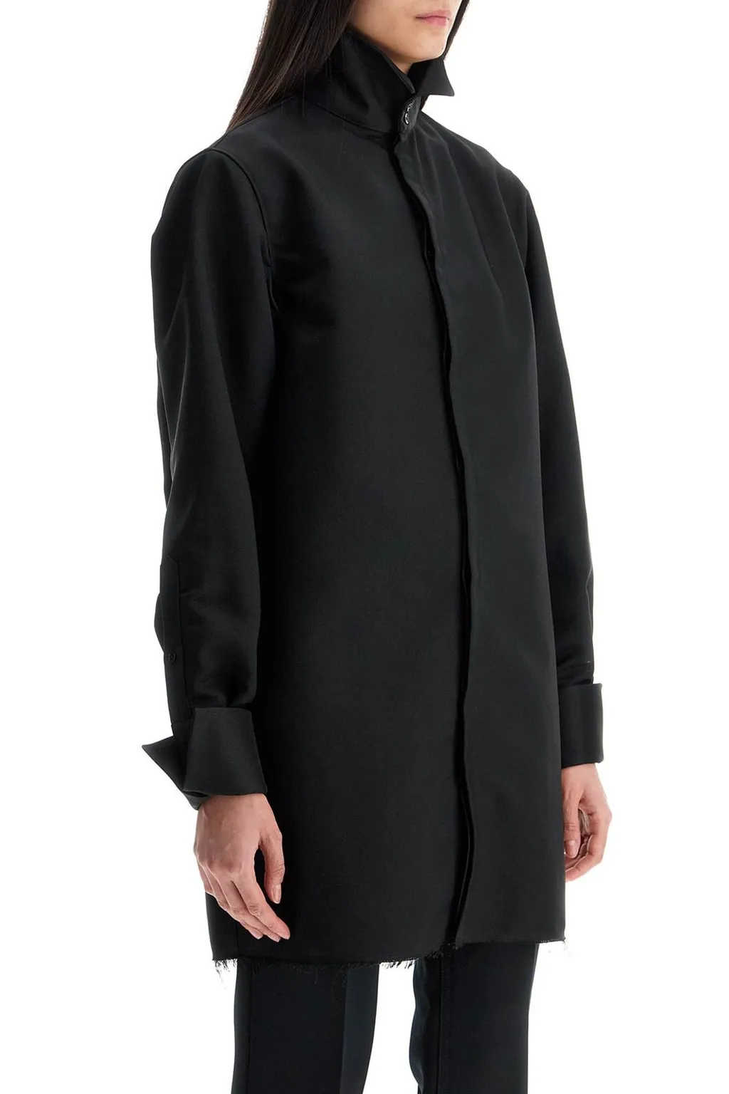 Frayed Hem High-Neck Long Shirt