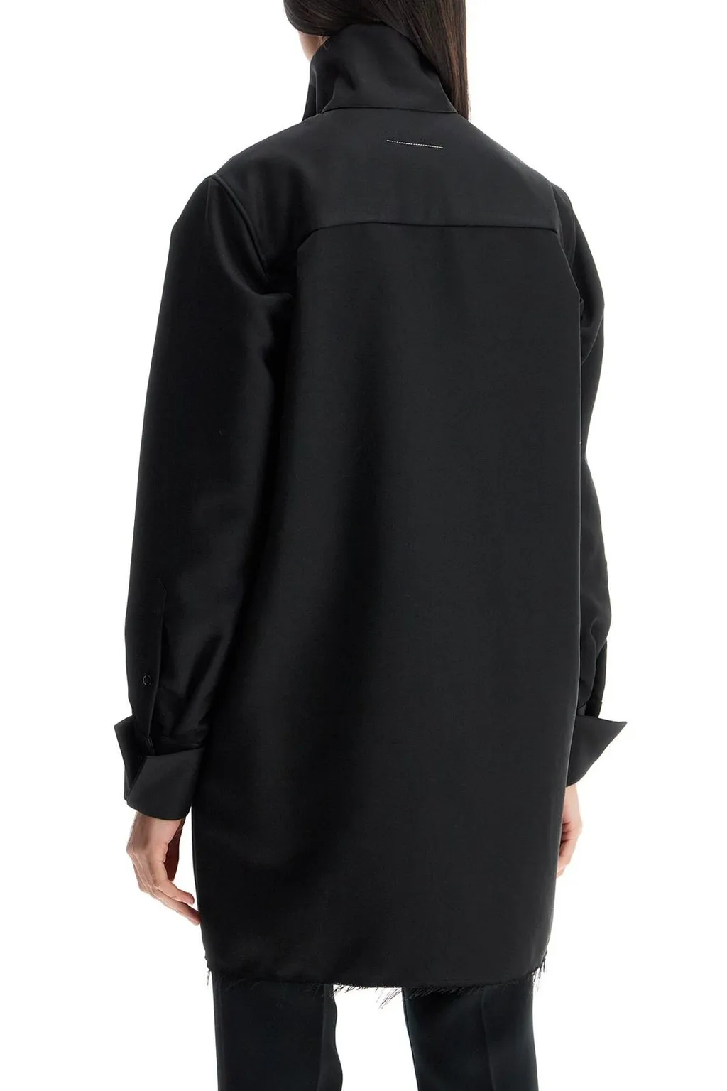 Frayed Hem High-Neck Long Shirt