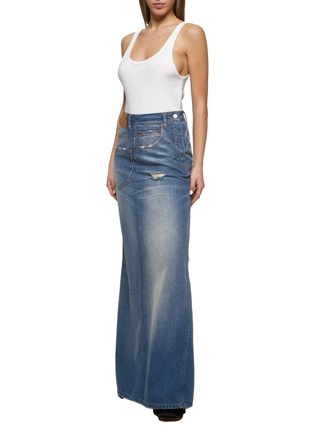 Distressed Denim Maxi Skirt