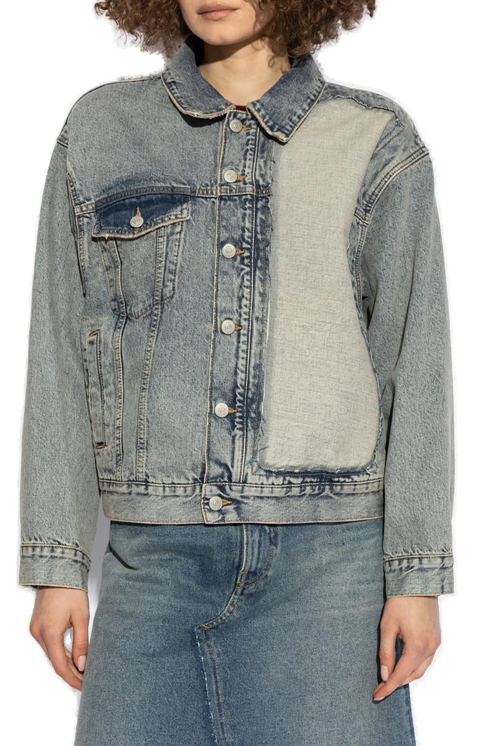 Distressed-Effect Button-Up Denim Jacket