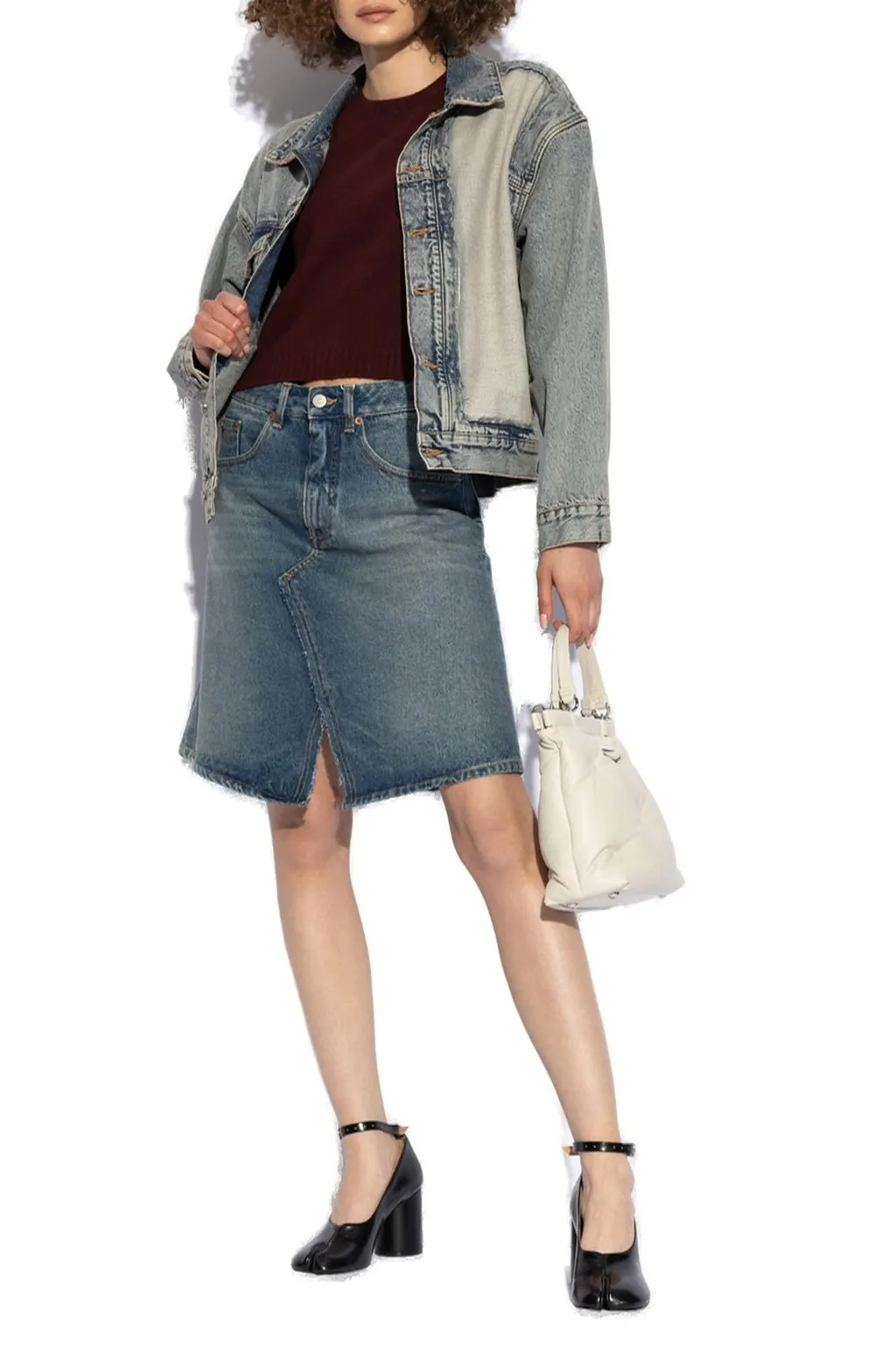Distressed-Effect Button-Up Denim Jacket